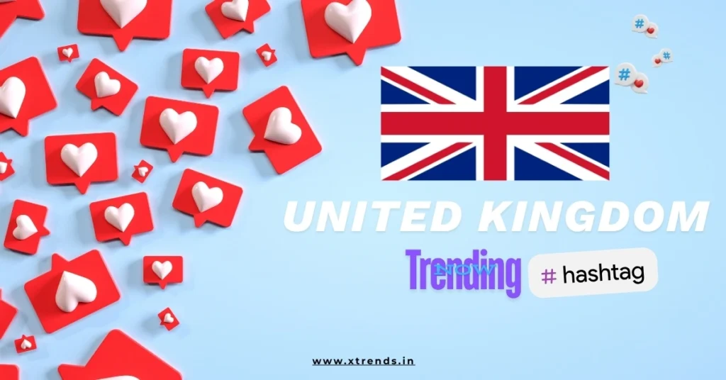 United Kingdom trending on Twitter with popular hashtags and topics highlighted in a vibrant graphic.