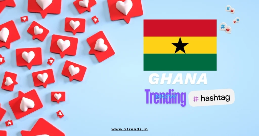 Ghana trending on Twitter with popular hashtags and topics highlighted in a vibrant graphic.